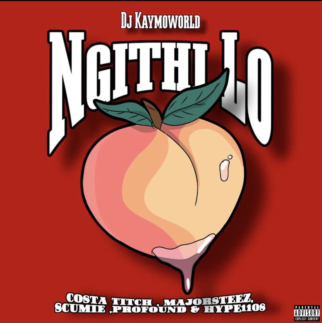 6357eb7529e18897711448.jpeg Album cover with a peach illustration on a red background. Text reads "DJ Kaymoworld Ngithi Lo" and lists Costa Titch, Majorsteez, Scumie, Profound & HYPE1108 at the bottom.