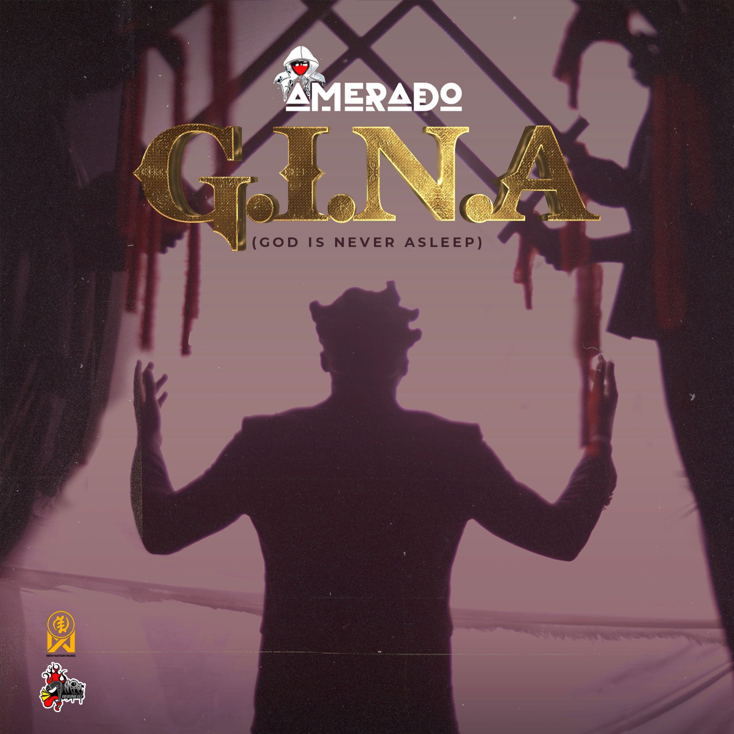 Amerado-GINA-scaled.jpg A silhouette of a person facing away, hands raised, with the text "AMERADO G.I.N.A (God Is Never Asleep)" in large gold font above. Red drapes and indistinct symbols are in the background, embodying the Afrorap essence of Amerado's G.I.N.A album.
