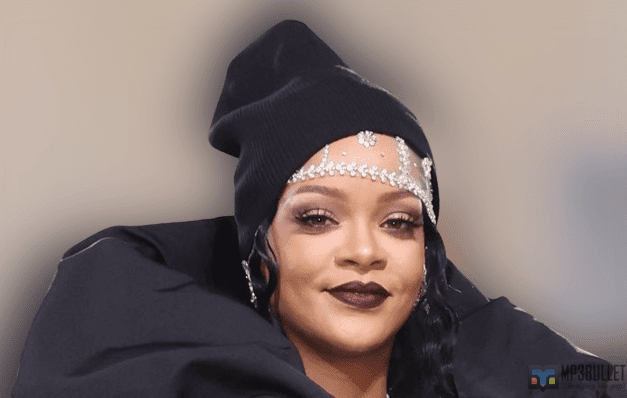 Rihanna_returns-removebg-preview.png A person wearing a black beanie adorned with rhinestones, dark lipstick, and elaborate black attire reminiscent of Black Panther: Wakanda Endlessly is pictured against a plain background.