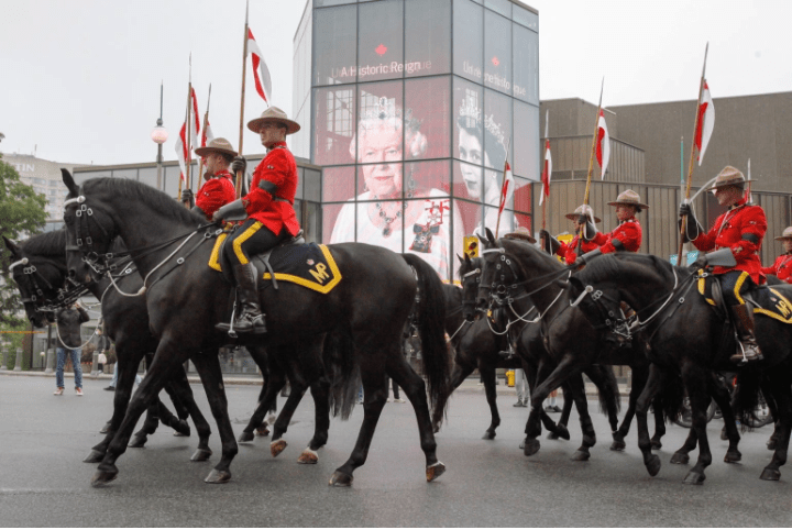 Screenshot_20221026-114628-1.png Royal Canadian Mounted Police officers in red uniforms and brown hats ride black horses in a parade. A large digital billboard in the background displays images of Queen Elizabeth II, honoring the British Monarchy amidst the vibrant celebrations of Canada.