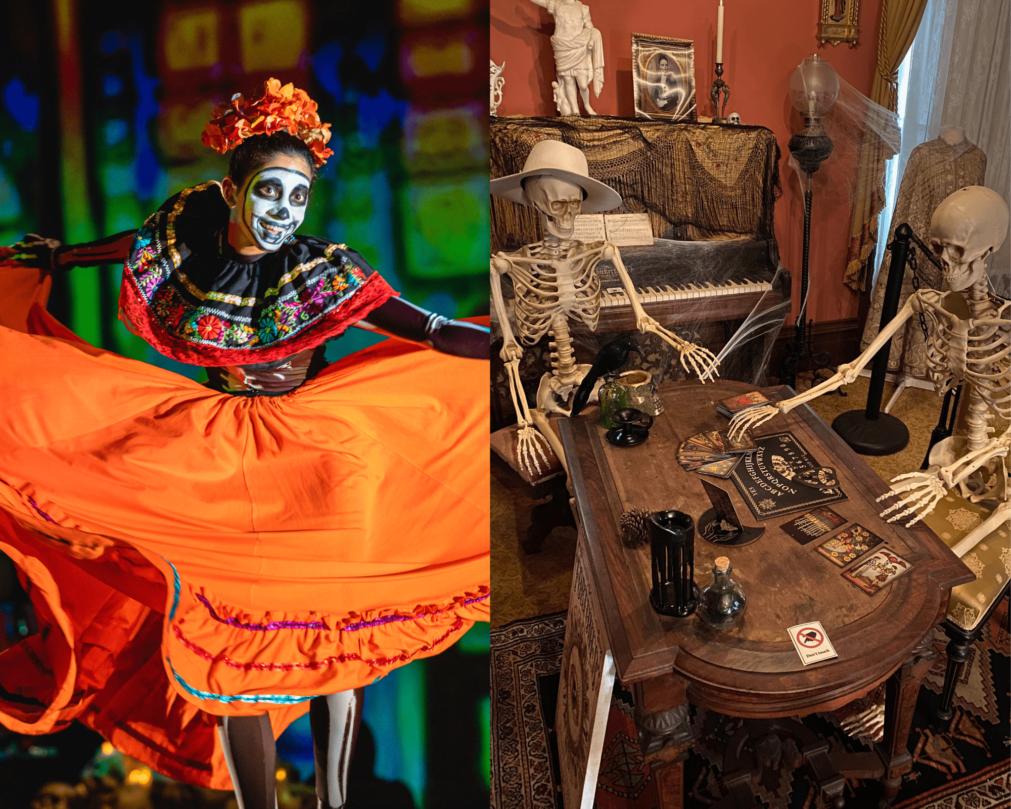 photo-collage-for-the-site-2.png On the left, a person in colorful traditional attire and face paint dances. On the right, skeleton decorations sit at a table with a Ouija board in an Oakland-themed room, celebrating Halloween.