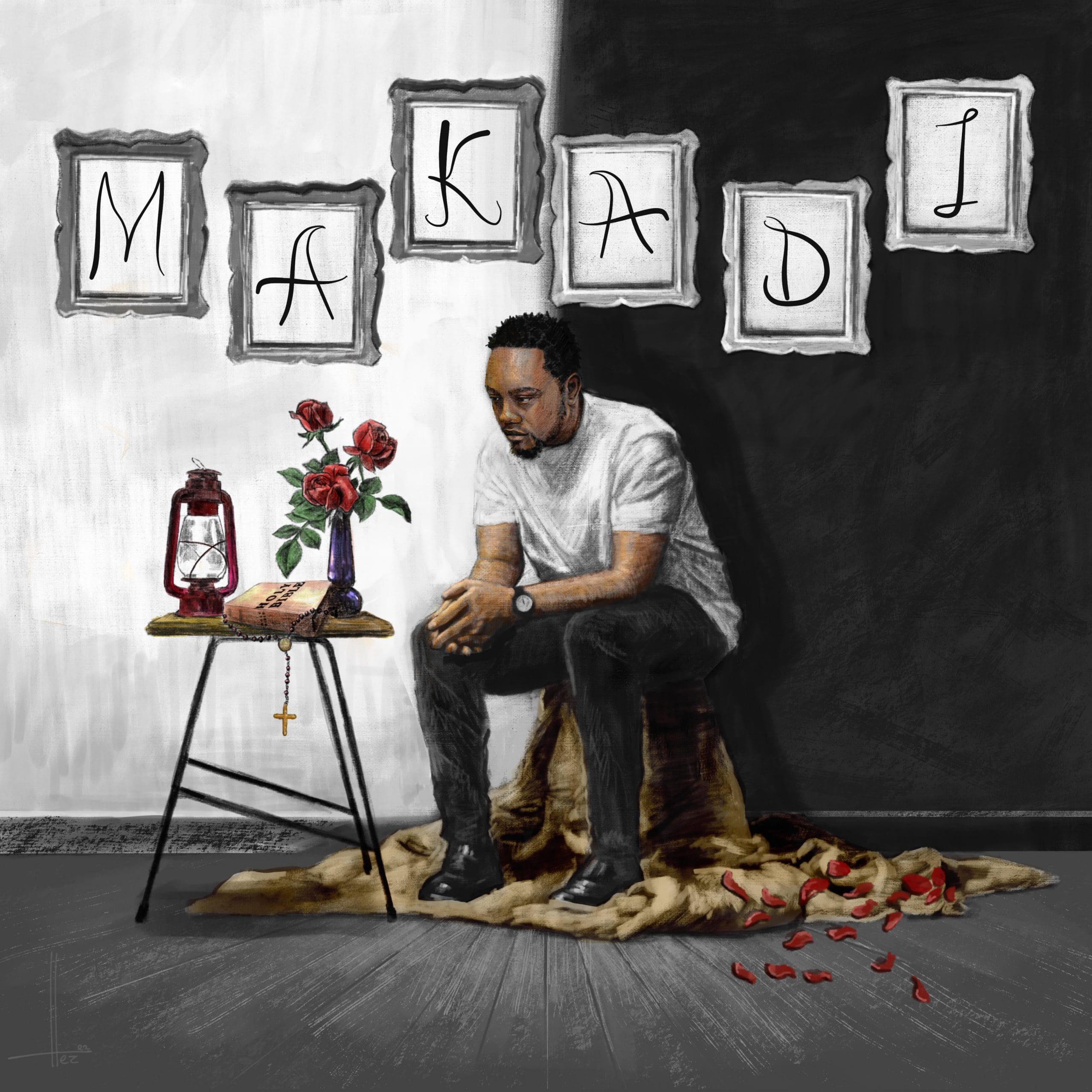 unnamed-scaled.jpg A man sits on a wooden stump, surrounded by scattered rose petals. Behind him, photographs spell "MAKADI," celebrating the launch of Teddy's new album. A table next to him holds a lantern, a book, a rosary, and a vase with roses.