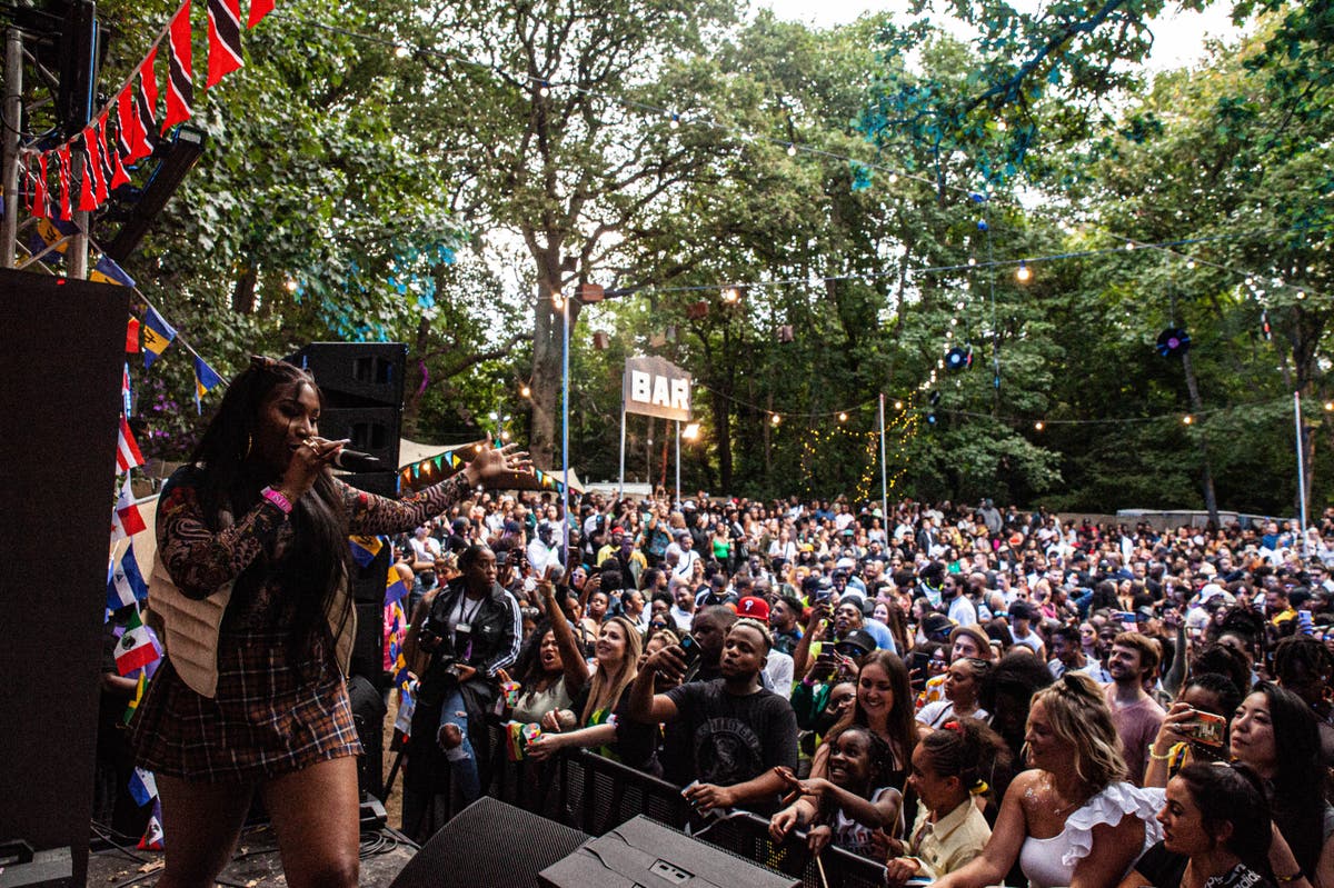 1669833002_newFile-24.jpg A performer on stage sings to a large, enthusiastic crowd at the Metropolis Splash competition 2023 under trees with a "BAR" sign visible in the background. Colorful flags are strung overhead as fans eagerly await the next act in an exciting line-up.