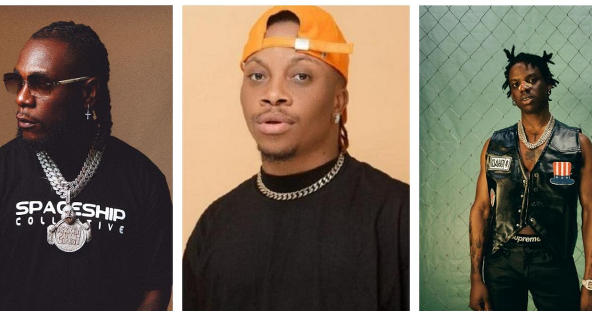 DzmktkpTURBXy80M2MzMGJjNTViODkwY2MwOGY0NjM4ZTIzZGQ2ZmYzMy5qcGeSlQPMbADNA9jNAiqTBc0EsM0Cdg.jpeg Three men are pictured in separate frames: the first is styled like Burna Boy, wearing sunglasses and jewelry; the second resembles Rema with an orange cap and chain necklace; while the third, evocative of Oxlade's vibe, sports a leather vest with braids.