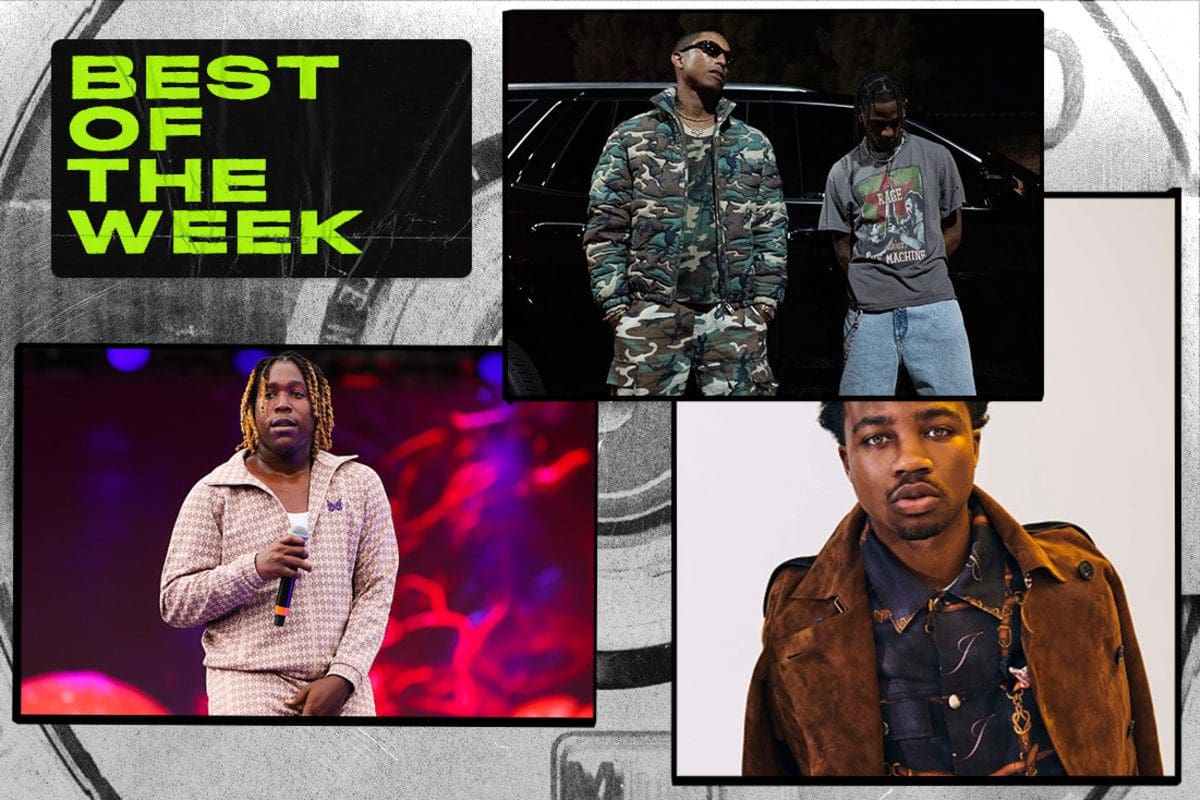complexbestnewmusicnovekber11leadimage.jpeg A collage features photos of four men: two standing together outdoors, one performing on stage, and Travis Scott posing in a brown jacket. The text "Best of the Week" is displayed in green on a black background.