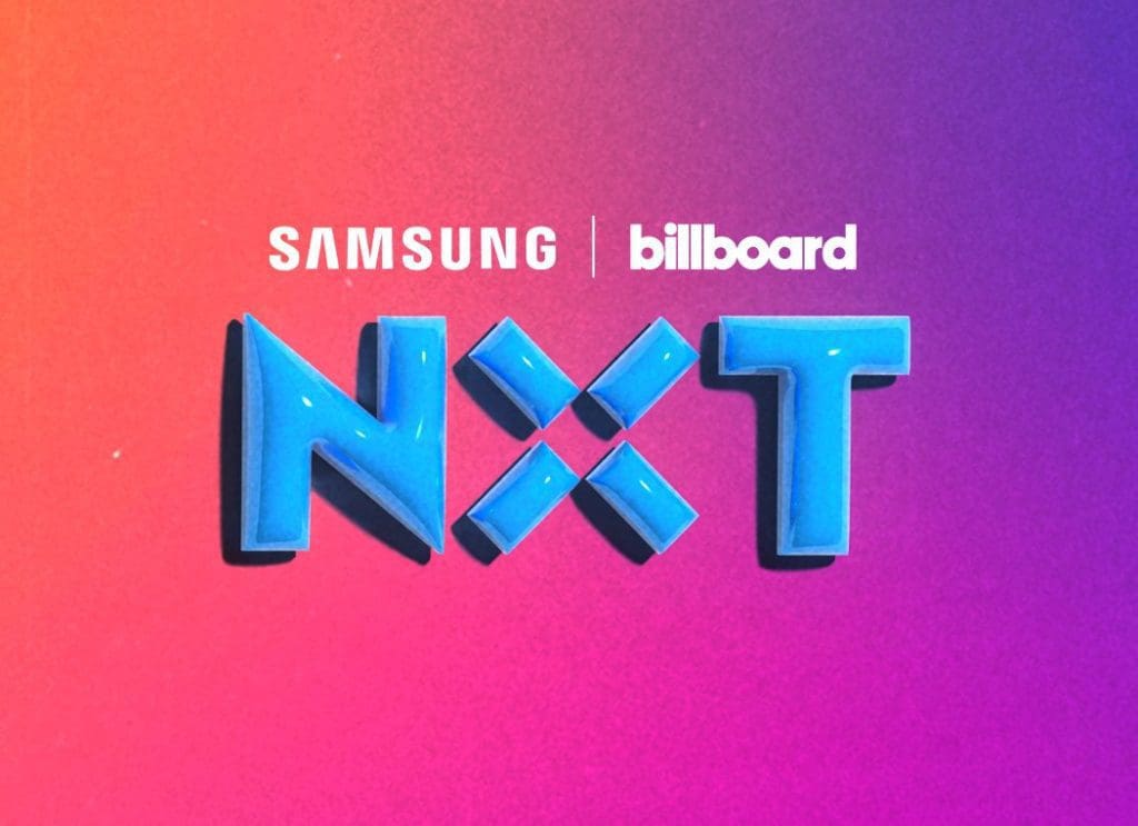 nxt-logo-vertical-e1663854559563.jpg Samsung and Billboard logos above the text "NXT 2.0" in blue, set against a gradient red to purple background, highlighting singing competitors.