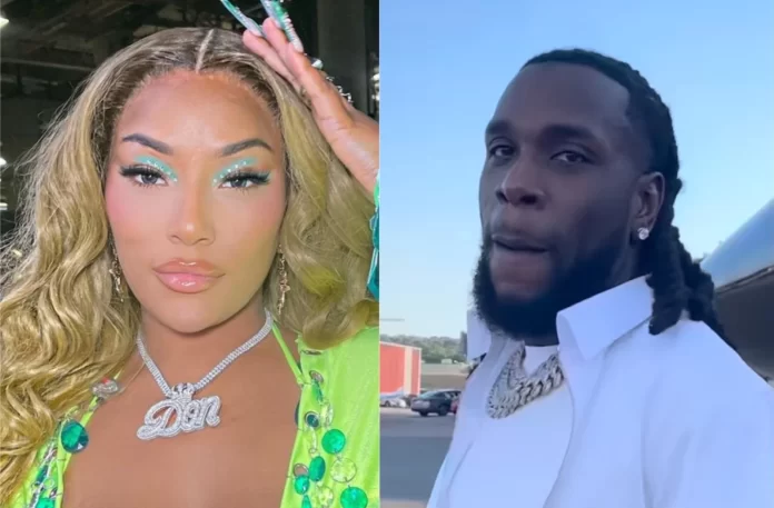 Steff-Burna.webp.webp Two people in a split image. On the left is a woman with long blonde hair, wearing a green sequined outfit, resembling Stefflon Don. On the right is a man with short dreadlocks, wearing a white shirt and gold jewelry, channeling vibes similar to Burna Boy.
