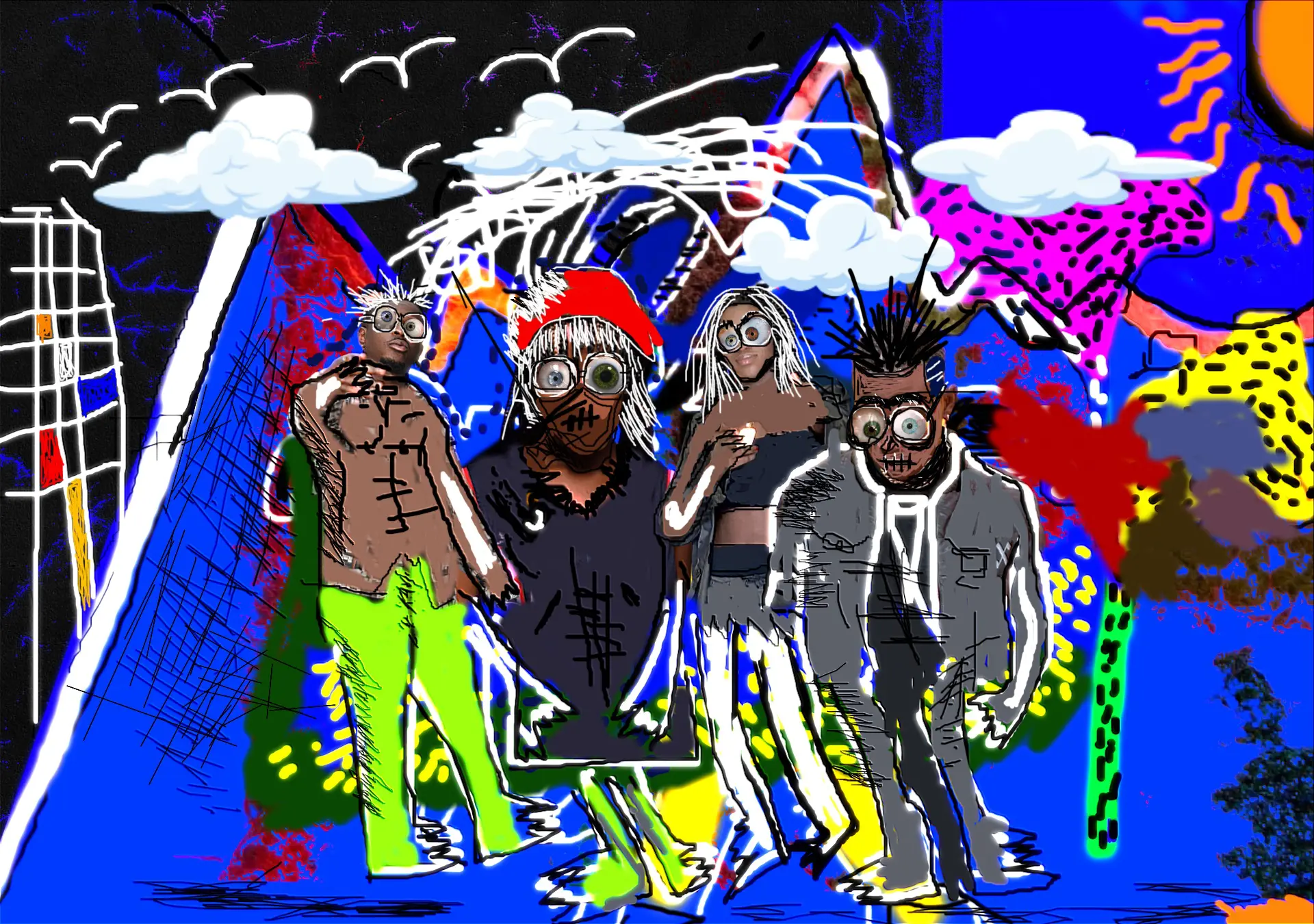 BEST-RAP-SONGS-WITHOUT-TEXT-AND-FIRE.jpg An abstract colorful scene featuring four cartoonish figures with large glasses, spiky hair, and quirky outfits standing against a vibrant background of mountains, clouds, and various patterns. This dynamic artwork feels like it belongs on the cover of the best of 2022 Pan African Music collection.