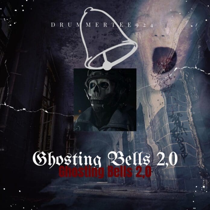 DrummeRTee924-–-Ghosting-Bells-2.0-Main-Mix.jpg Cover art for "Ghosting Bells 2.0" Main Mix by DrummerTee924 features a dark, ghostly design with a skeleton figure wearing a helmet at the center and an eerie background of cracked walls and graffiti.