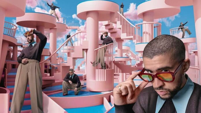 Bad Bunny, wearing sunglasses, is standing in a pink building during his exclusive tour. Bad Bunny, wearing sunglasses, is standing in a pink building during his exclusive tour.