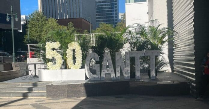 A sign that says 50 gantt in front of the Harvey B. Gantt Center, celebrating past and present. A sign that says 50 gantt in front of the Harvey B. Gantt Center, celebrating past and present.