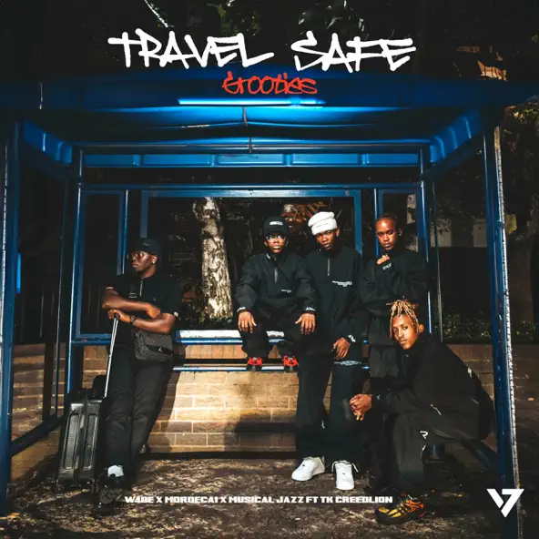 592x592bb-4.webp.webp Five people in dark clothing sit and stand inside a blue bus shelter at night, with "Travel Safe Grooties & goodies" written above them.