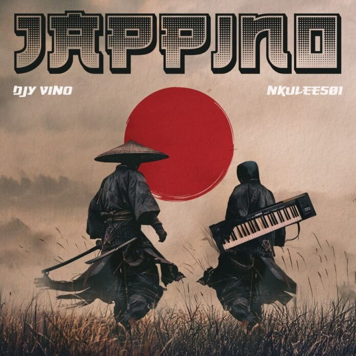 Djy-Vino-Nkulee501-–-JBL2-ft.-Kabza-De-Small.jpg Two figures walk in front of a large red circle on a textured background. One carries a keyboard. Text reads: "JAPPINO," with "Djy Vino," "Kabza De Small," and "Nkulee501" below, bringing together a powerhouse of talent in this striking visual ensemble.