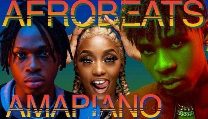 afrobeat-amapiano.jpg Three individuals with colorful lighting pose under the bold text "Afrobeats Amapiano," capturing the vibrant essence of this streamed sensation on Spotify.