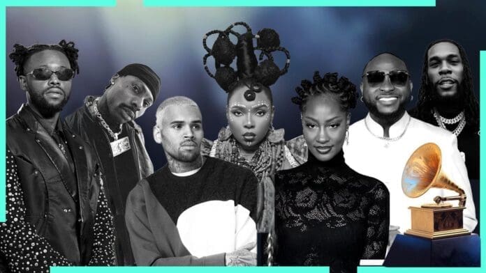 best-african-music-performance-2025-grammys-nominees.jpeg Seven individuals stand in a stylized collage, celebrating their nods for the 2025 GRAMMYs Nominations. A Grammy Award trophy glimmers in the corner, while the background features a gradient of blue and green tones. Discover more on GRAMMY.com.