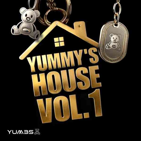d85097db7d6771c6dd0082fb9bbf4e5027ccbd7842d518b73d2c4ac5f86431b1.jpeg A gold house-shaped sign reads "Yummy's House Vol.1," adorned with charming teddy bear keychains. The "Yumbs" logos anchor the bottom corners, adding a playful touch to this delightful piece of decor.