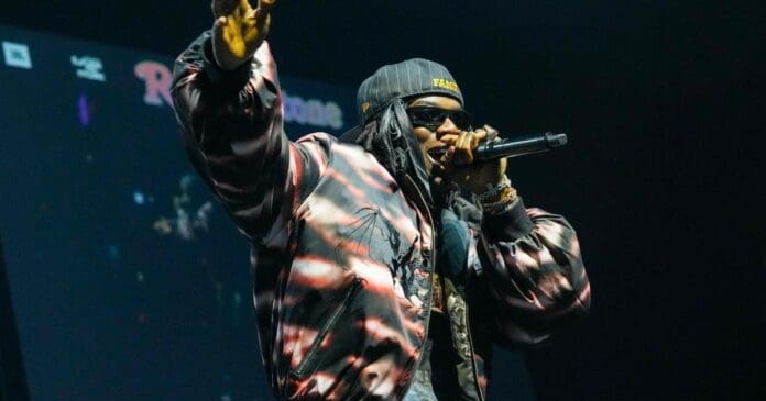 e5c844c5952c8522942962c9782665781d150a9b-4000x2667.jpg The musician, representing the vibrant Mavin label, performs energetically on stage wearing sunglasses and a patterned jacket, holding a microphone.