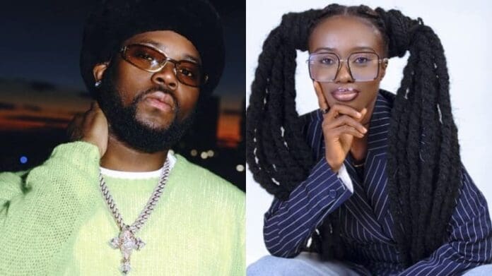 image-39.jpg A man wearing sunglasses, a hat, and a green sweater with a chain necklace, reminiscent of King Promise's stylish flair, is on the left. On the right, a woman with long braided hair and glasses dons a pinstriped blazer that channels Tilly Akua Nipaa's confident vibe.