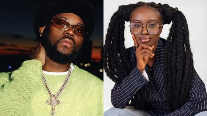 promise.jpg A man in sunglasses and a green sweater with a cross necklace stands casually, resembling King Promise. Beside him, a woman with large glasses and long twisted hair strikes a pose in her pinstripe blazer – capturing the essence of the 2025 TGMA campaign featuring Tilly Akua Nipaa.