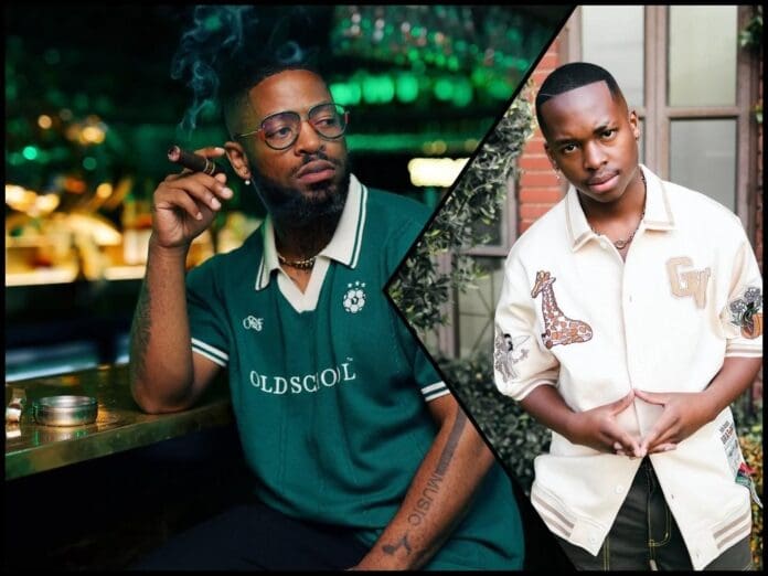1746441370_unnamed-file.jpeg Split image: On the left, a man in a green "Oldschool" shirt smokes a cigar at a bar. On the right, Ciza Isaka in a white patterned shirt poses outdoors—two styles inspired by the best South African song.
