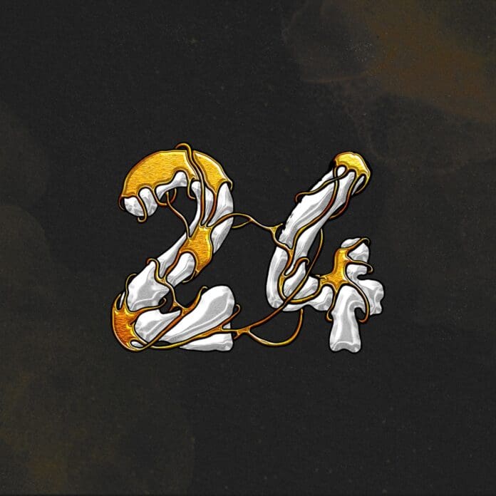 24finalcover2247119732150499788.jpg The number 24 is illustrated with a metallic gold and white liquid-like texture on a dark background, capturing the sleek aesthetic of the Ejoya Class of ’24 album.