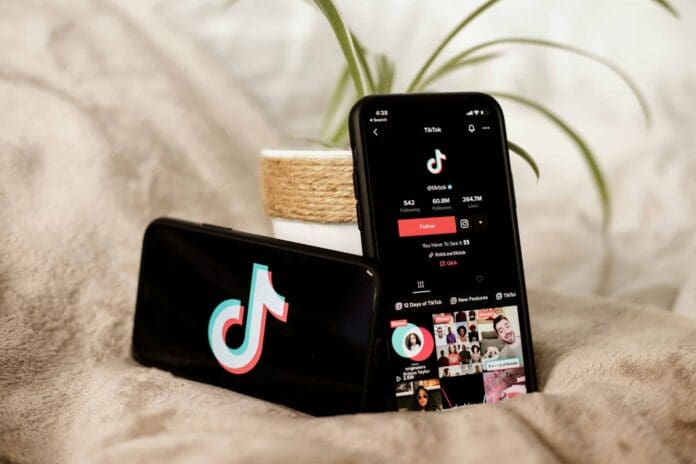 collabstr-0Vk7HEjWLDE-unsplash.jpg Two smartphones rest on a beige blanket; one displays the TikTok logo, while the other shows a TikTok user profile, highlighting how the TikTok effect is helping African artistes rise on global charts. A small potted plant is in the background.