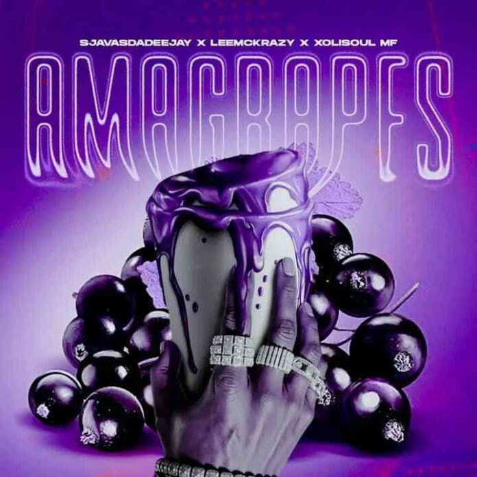 img_1_1746174239752.jpg A hand with silver rings holds a white mug overflowing with purple liquid, surrounded by grapes, with "AMAGRAPES," LeeMcKrazy, and Sjavas Da Deejay in bold text above.