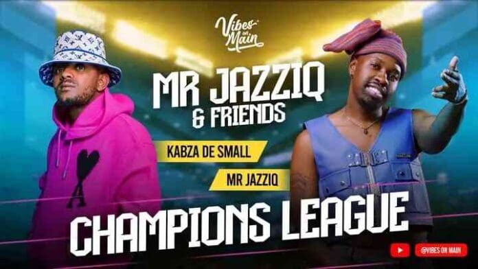 img_1_1746198554560.jpg Promotional poster for "Vibes on Main" features Mr JazziQ and Kabza De Small in colorful outfits, celebrating their hit "Champions League.
