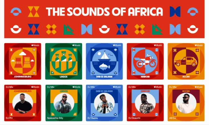 thesoundsofafrica.png A graphic titled "The Sounds of Africa" features symbols and Apple Music covers highlighting influential music from African music cities like Johannesburg, Lagos, Dar es Salaam, Nairobi, and Accra.