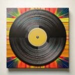 A vinyl record with a yellow label is centered on a square background featuring colorful, radiating patterns.