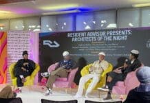 Africa Rising Music Conference 2025: Empowering every voice in African music – Music In Africa | Four panelists sit on colorful chairs onstage during a discussion at the "Resident Advisor Presents: Architects of the Night" event, exploring African music and its impact, with microphones and Music In Africa signage visible.